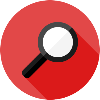 Black and red toned graphic of a magnifying glass.